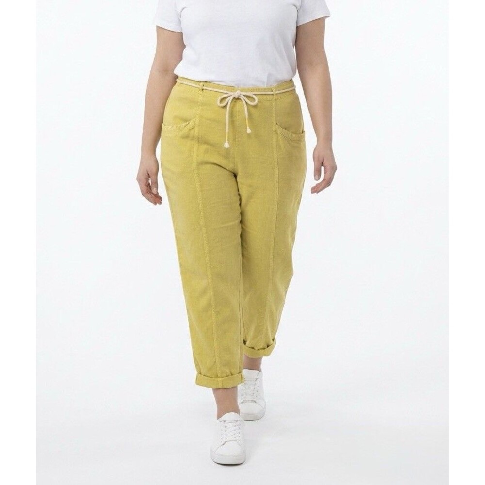 C & C California Linen Pants Womens XL Lime Yellow Tie Waist Summer Casual